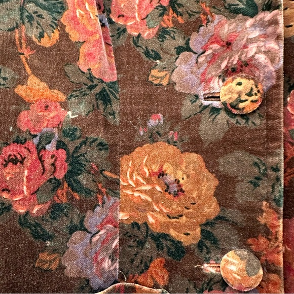 Vintage 70s Dark Rose Floral Burgundy Brown Velvet Tapestry Fitted Blazer Jacket - Picture 6 of 8